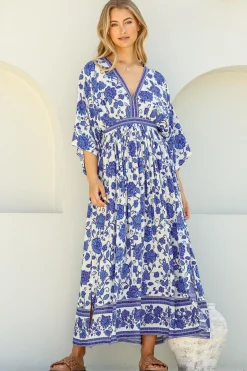 Zelle Maxi Dress - V Neck Batwing Sleeve Dress with Side Splits in Kailin Print Blue>Salty Crush Clearance