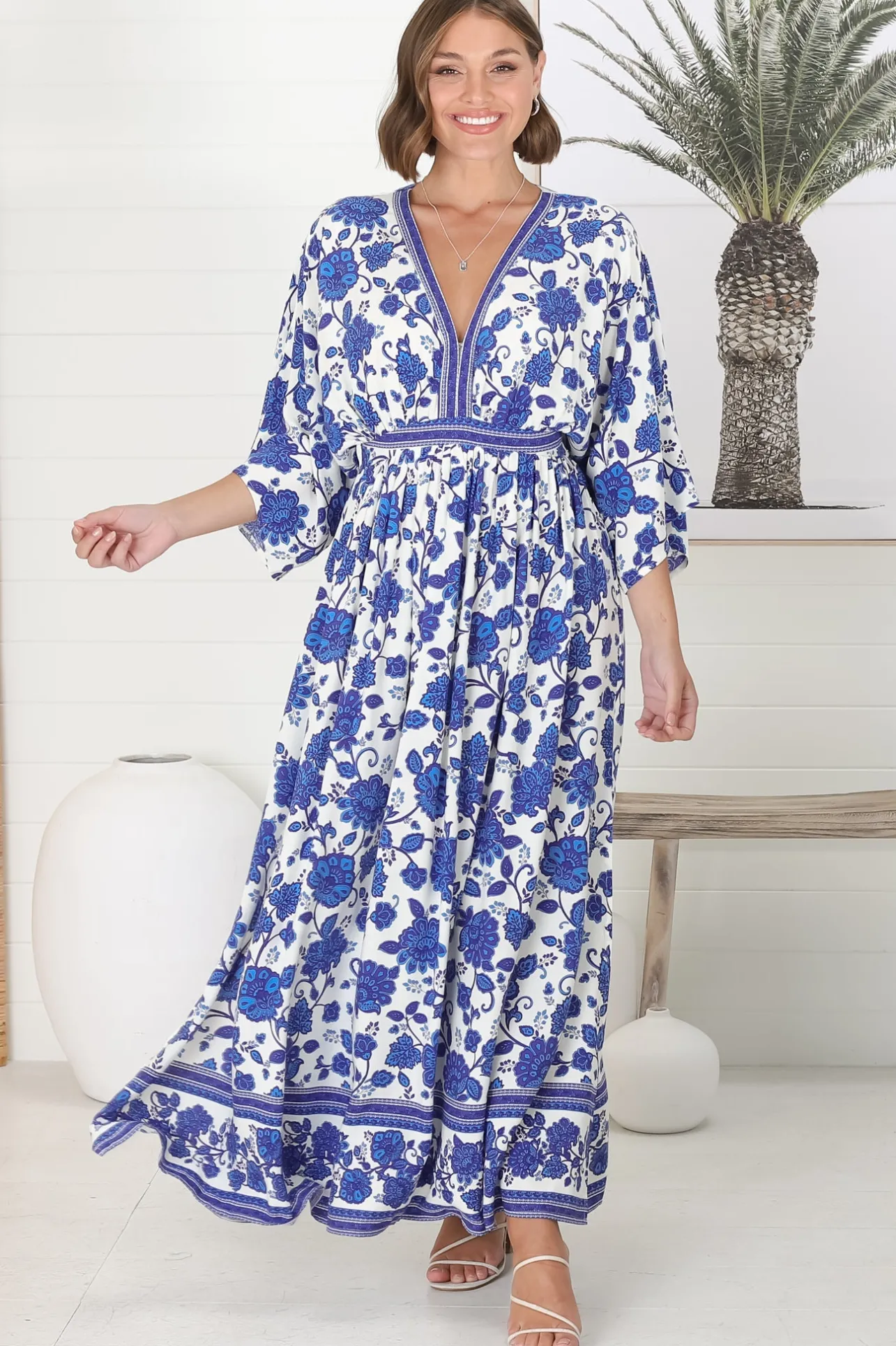 Zelle Maxi Dress - V Neck Batwing Sleeve Dress with Side Splits in Kailin Print Blue>Salty Crush Clearance