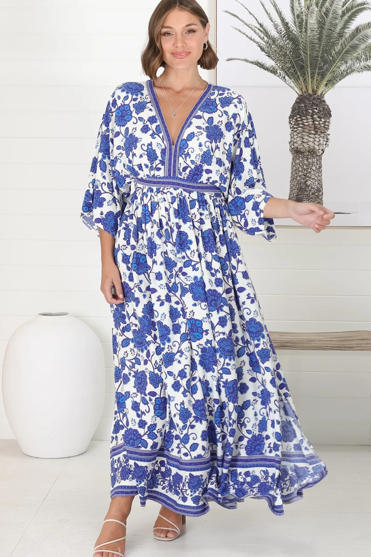 Zelle Maxi Dress - V Neck Batwing Sleeve Dress with Side Splits in Kailin Print Blue>Salty Crush Clearance