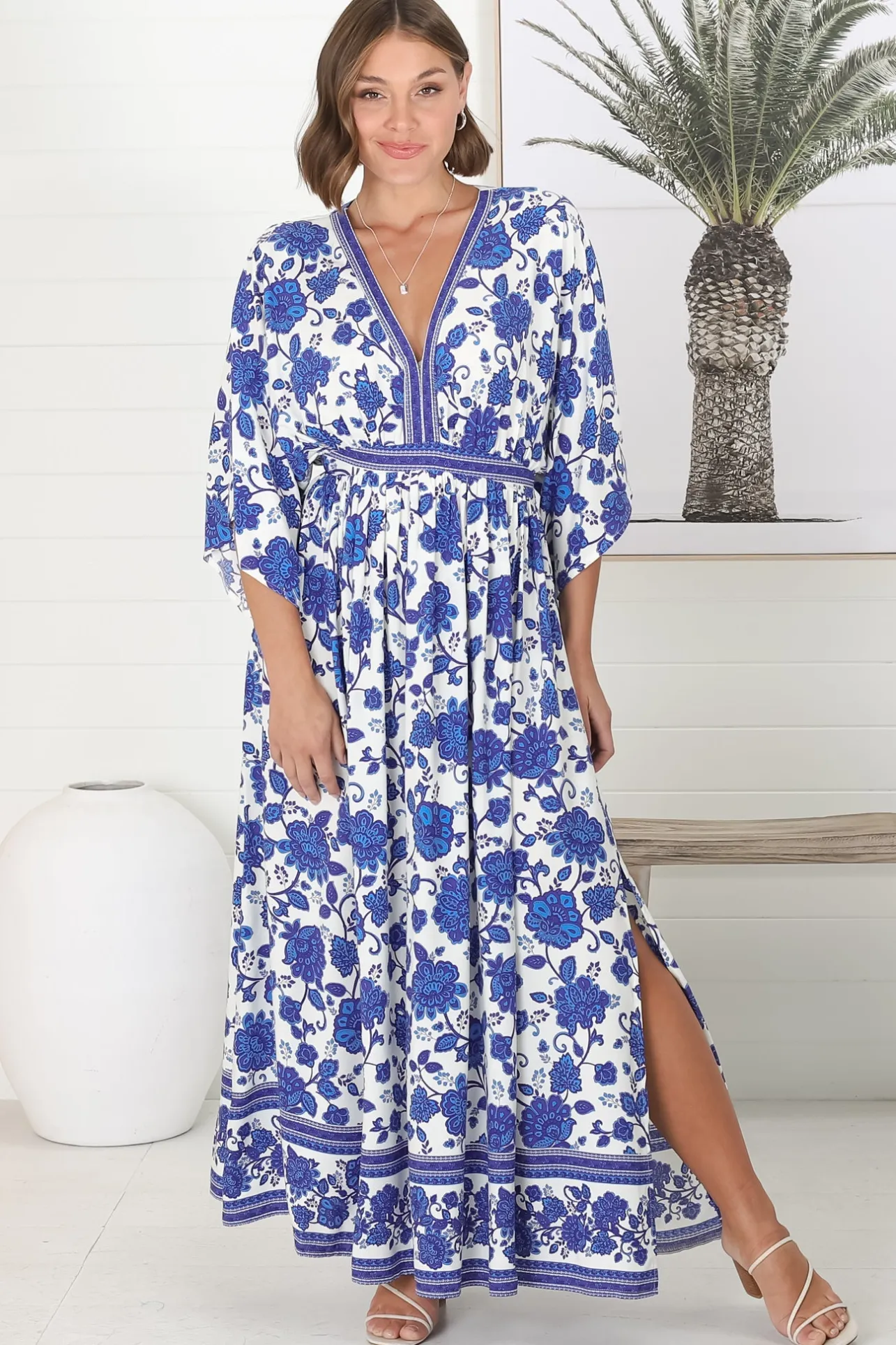 Zelle Maxi Dress - V Neck Batwing Sleeve Dress with Side Splits in Kailin Print Blue>Salty Crush Clearance
