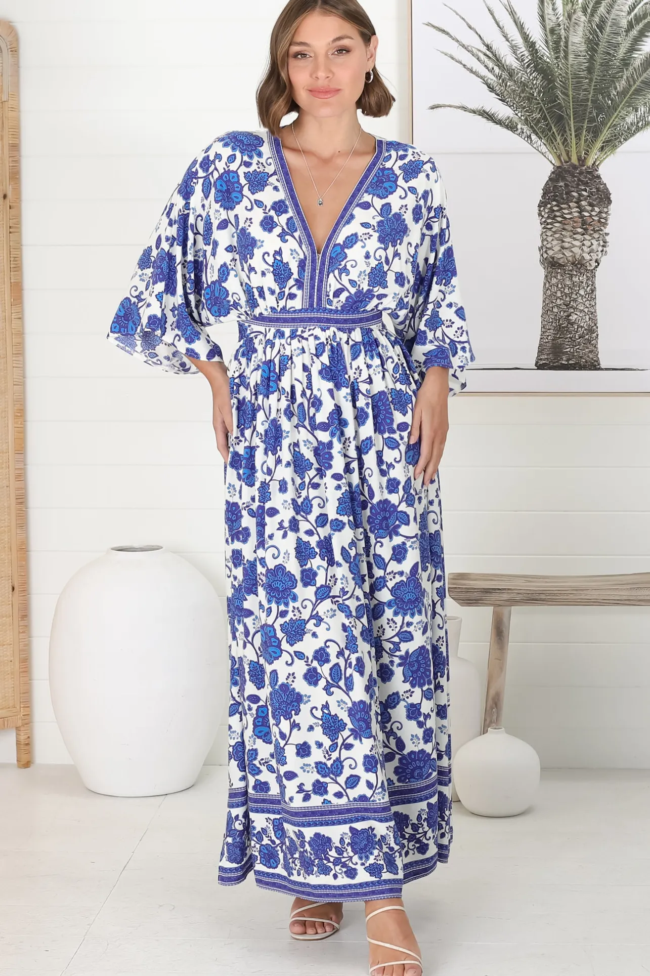 Zelle Maxi Dress - V Neck Batwing Sleeve Dress with Side Splits in Kailin Print Blue>Salty Crush Clearance