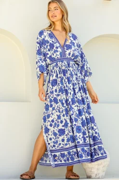 Zelle Maxi Dress - V Neck Batwing Sleeve Dress with Side Splits in Kailin Print Blue><noscript><img width=