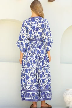 Zelle Maxi Dress - V Neck Batwing Sleeve Dress with Side Splits in Kailin Print Blue><noscript><img width=