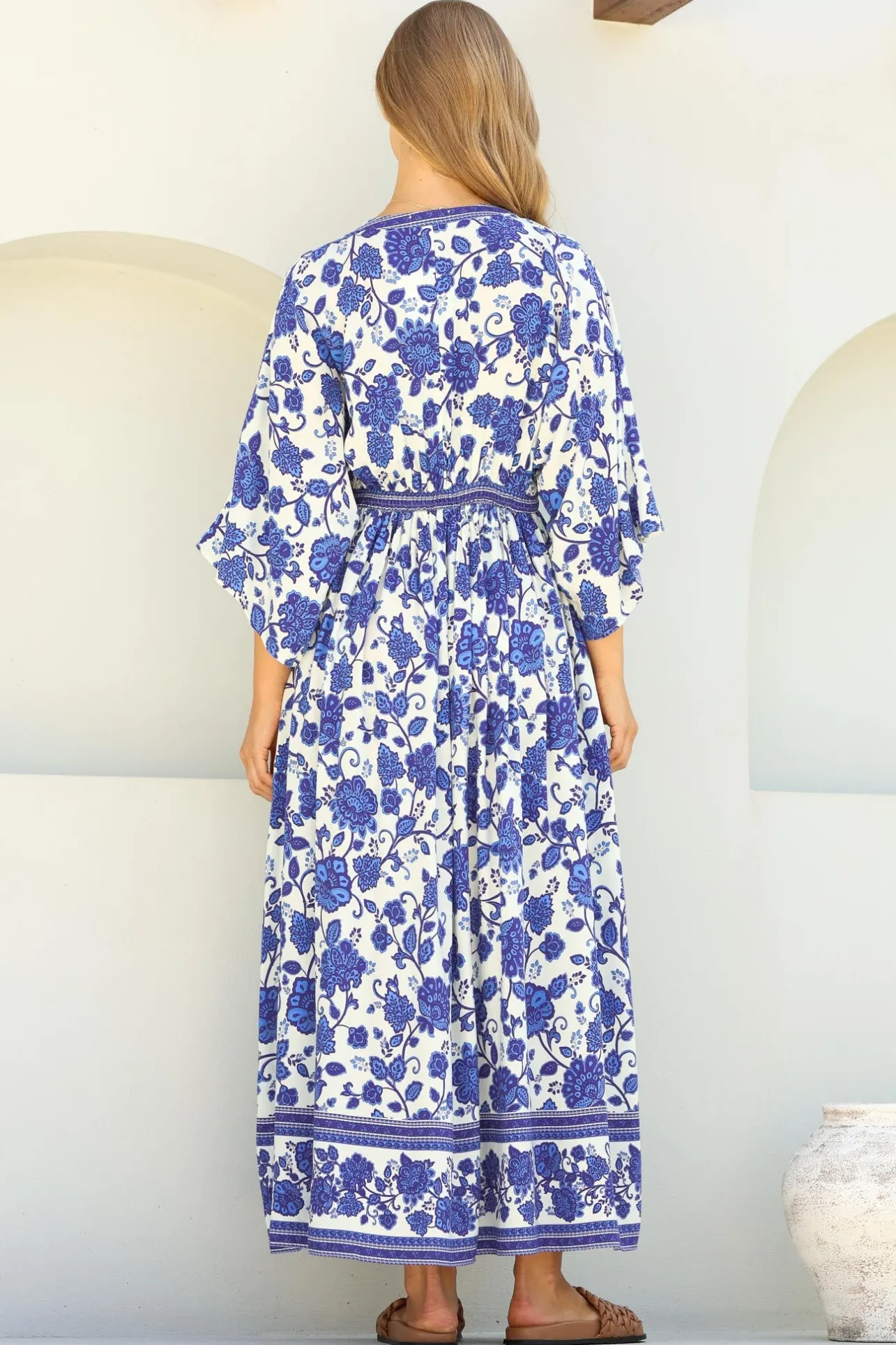 Zelle Maxi Dress - V Neck Batwing Sleeve Dress with Side Splits in Kailin Print Blue>Salty Crush Clearance