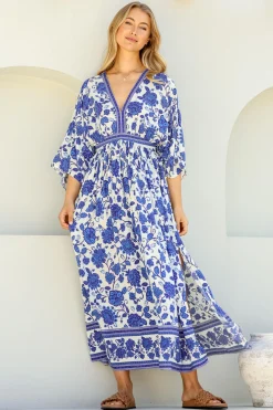 Zelle Maxi Dress - V Neck Batwing Sleeve Dress with Side Splits in Kailin Print Blue><noscript><img width=
