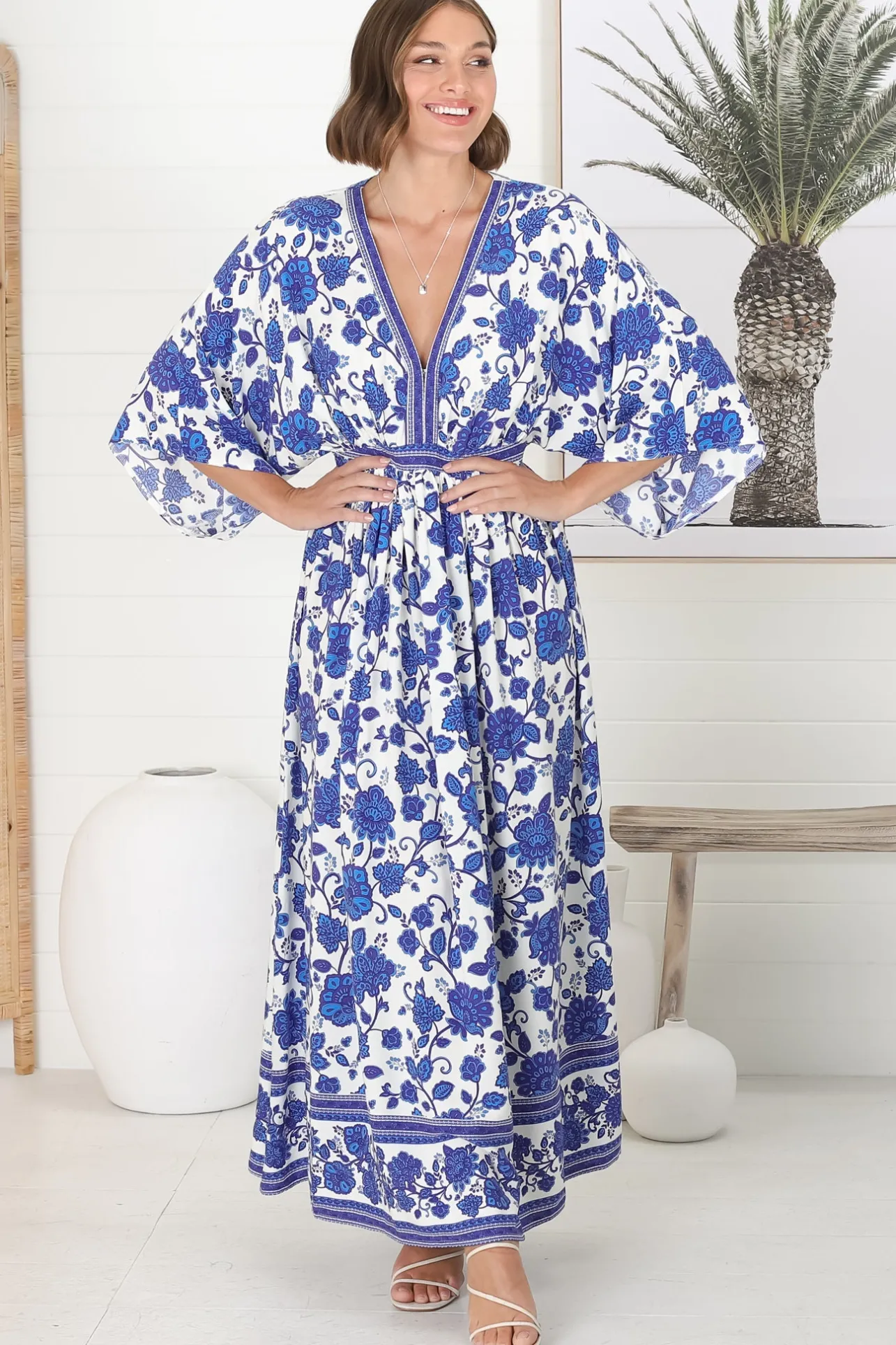 Zelle Maxi Dress - V Neck Batwing Sleeve Dress with Side Splits in Kailin Print Blue>Salty Crush Clearance