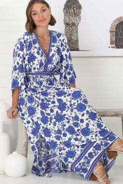 Zelle Maxi Dress - V Neck Batwing Sleeve Dress with Side Splits in Kailin Print Blue><noscript><img width=
