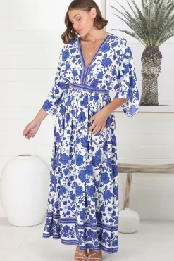 Zelle Maxi Dress - V Neck Batwing Sleeve Dress with Side Splits in Kailin Print Blue><noscript><img width=
