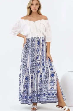 Zia Maxi Skirt - High Waisted Skirt with Front Splits in Kahula Print>Salty Crush