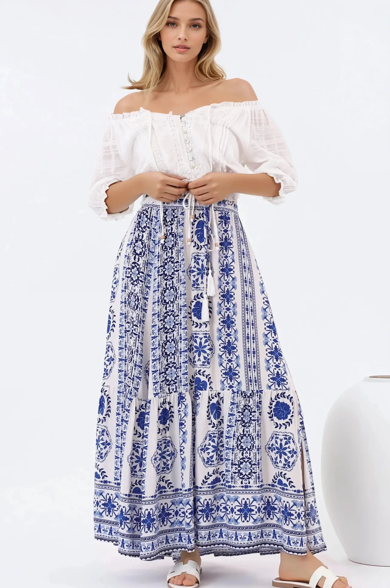 Zia Maxi Skirt - High Waisted Skirt with Front Splits in Kahula Print>Salty Crush