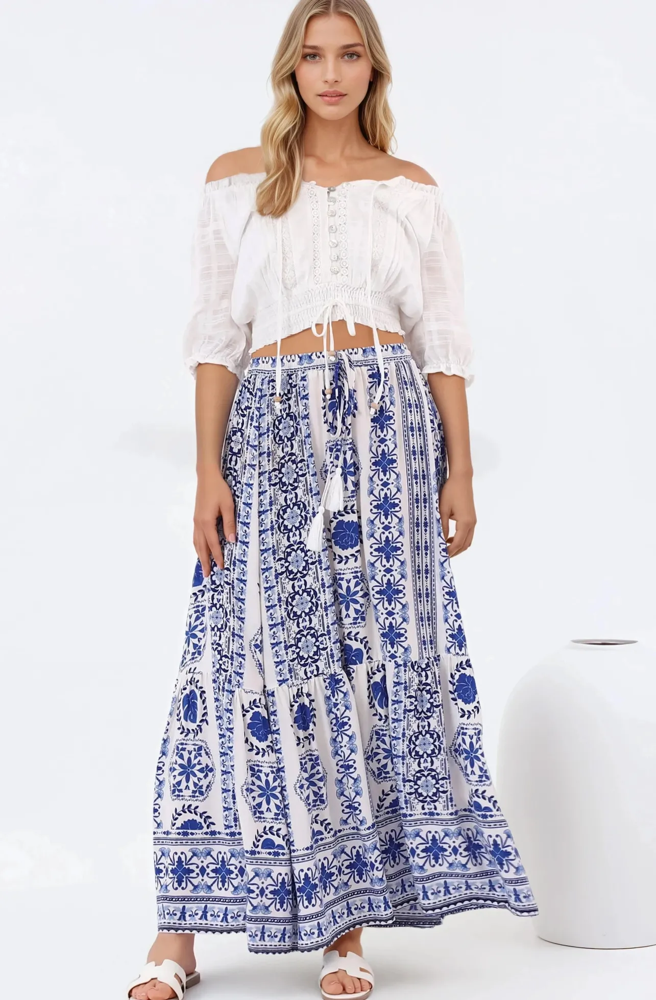 Zia Maxi Skirt - High Waisted Skirt with Front Splits in Kahula Print>Salty Crush