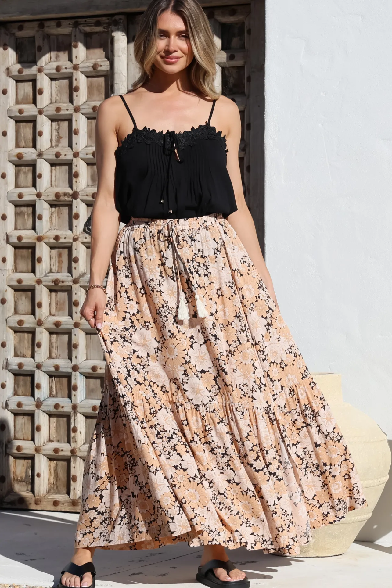 Zia Maxi Skirt - High Waisted Skirt with Tassel Waist Tie and Front Splits in Lyanna Print>Salty Crush Online