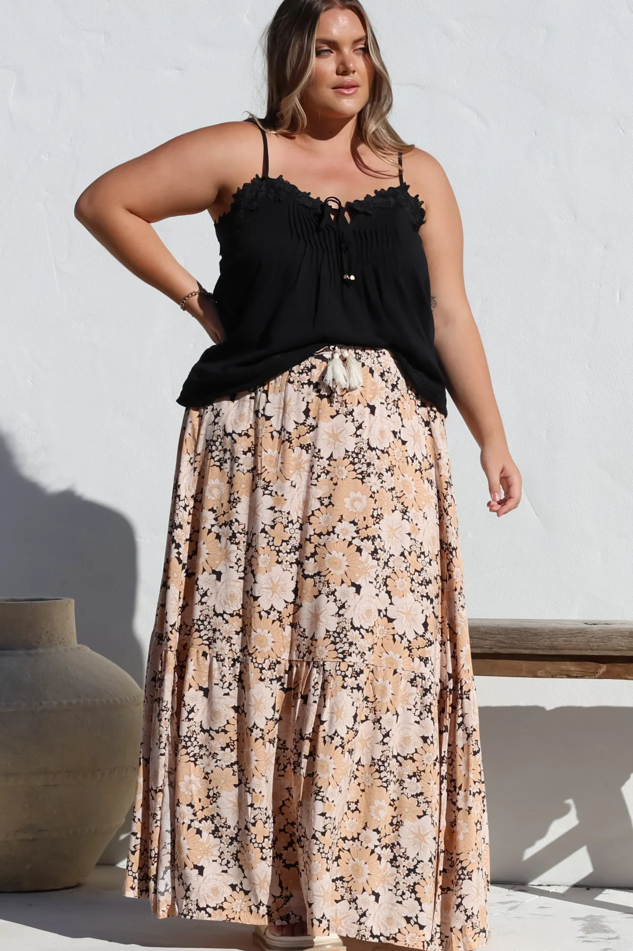 Zia Maxi Skirt - High Waisted Skirt with Tassel Waist Tie and Front Splits in Lyanna Print>Salty Crush Online
