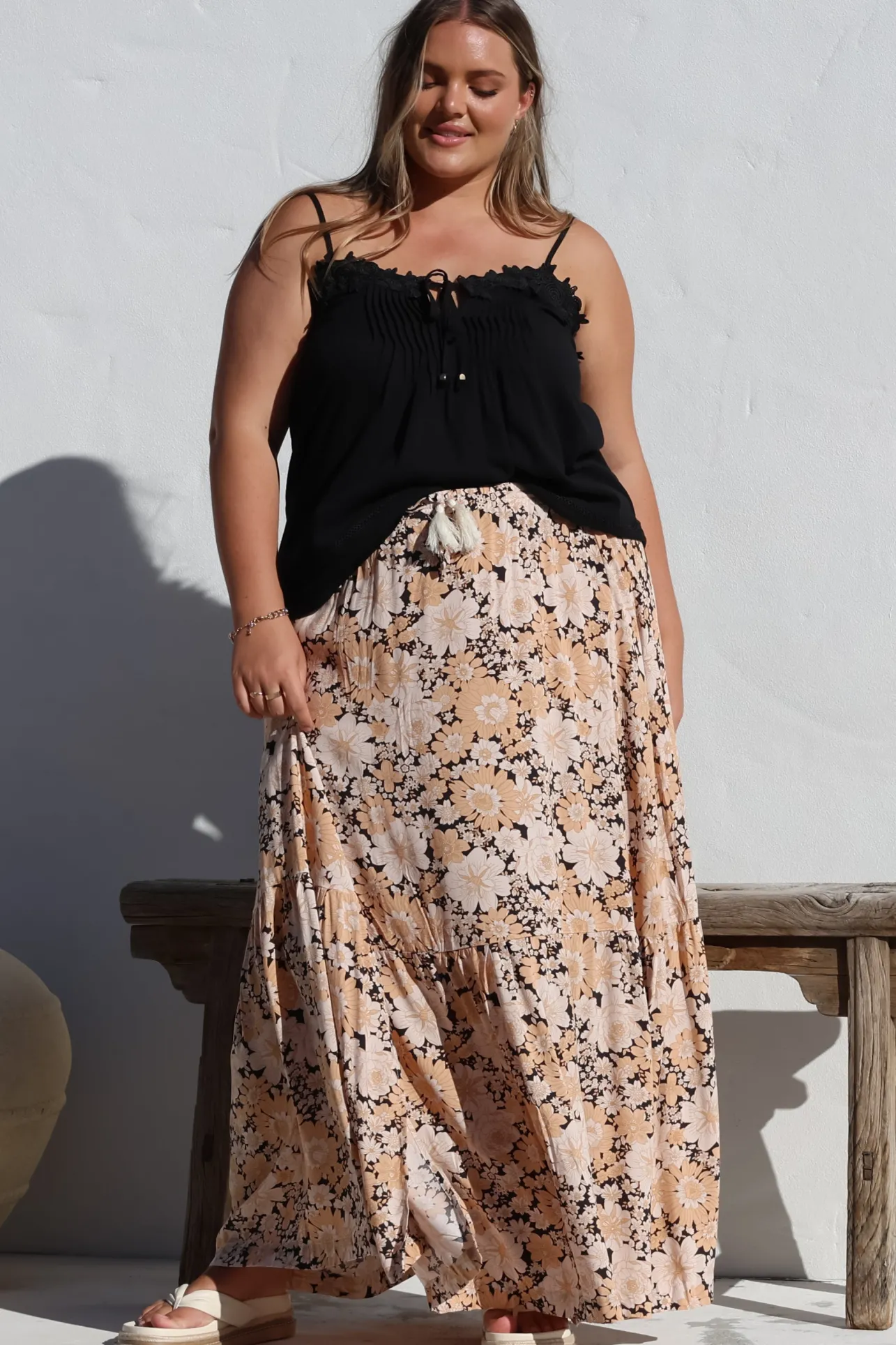 Zia Maxi Skirt - High Waisted Skirt with Tassel Waist Tie and Front Splits in Lyanna Print>Salty Crush Online