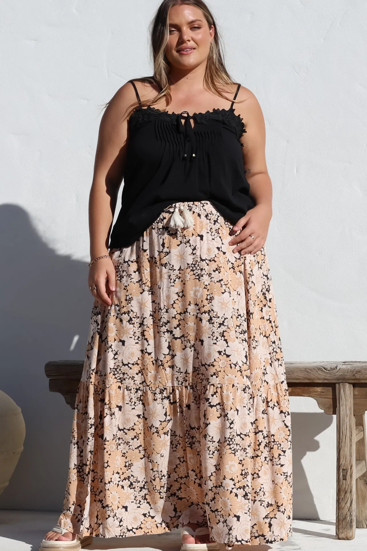 Zia Maxi Skirt - High Waisted Skirt with Tassel Waist Tie and Front Splits in Lyanna Print>Salty Crush Online