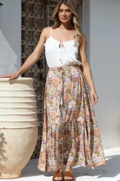 Zia Maxi Skirt - High Waisted Skirt with Tassel Waist Tie and Front Splits in Avianna Print>Salty Crush Discount