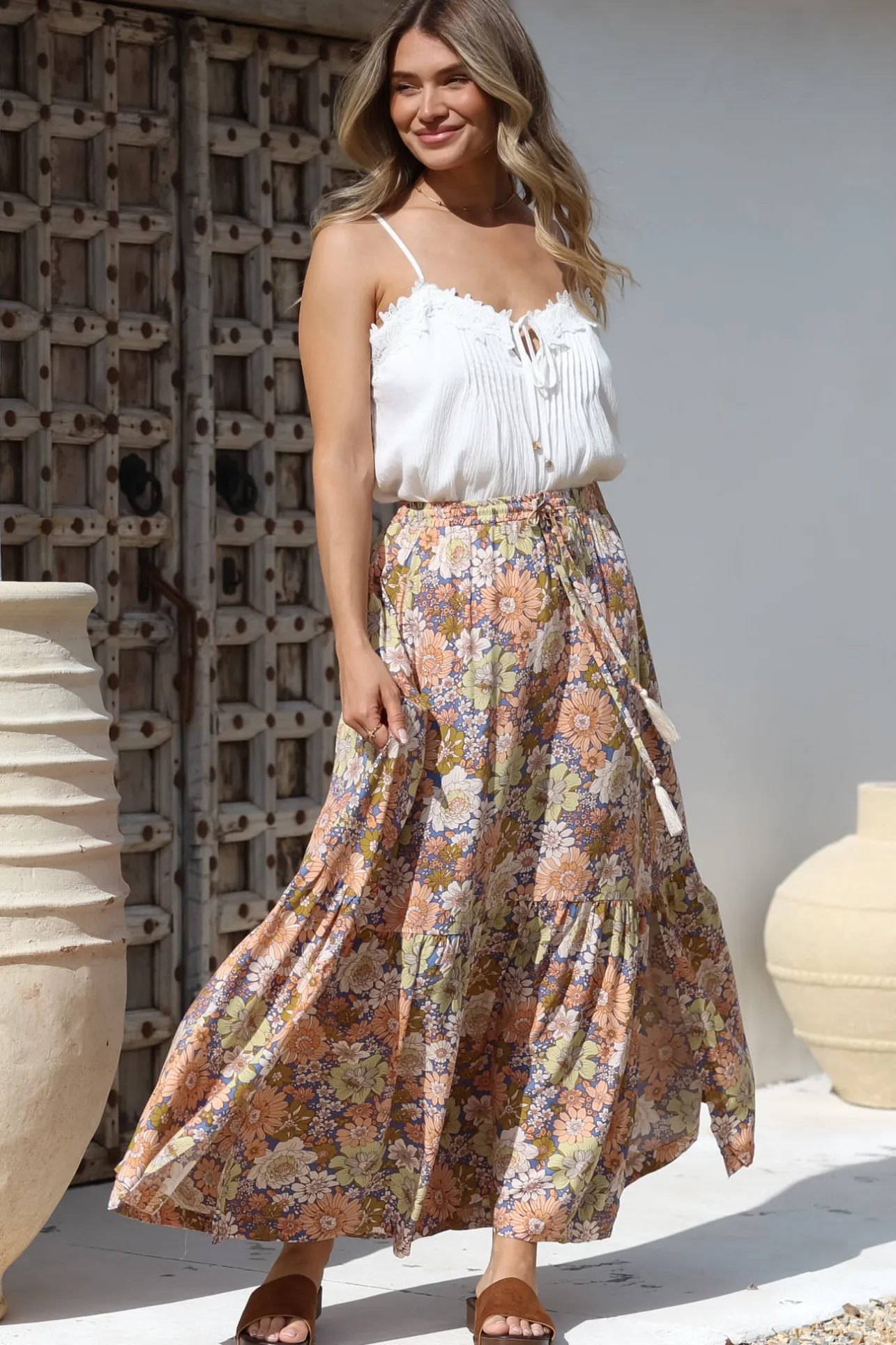 Zia Maxi Skirt - High Waisted Skirt with Tassel Waist Tie and Front Splits in Avianna Print>Salty Crush Discount