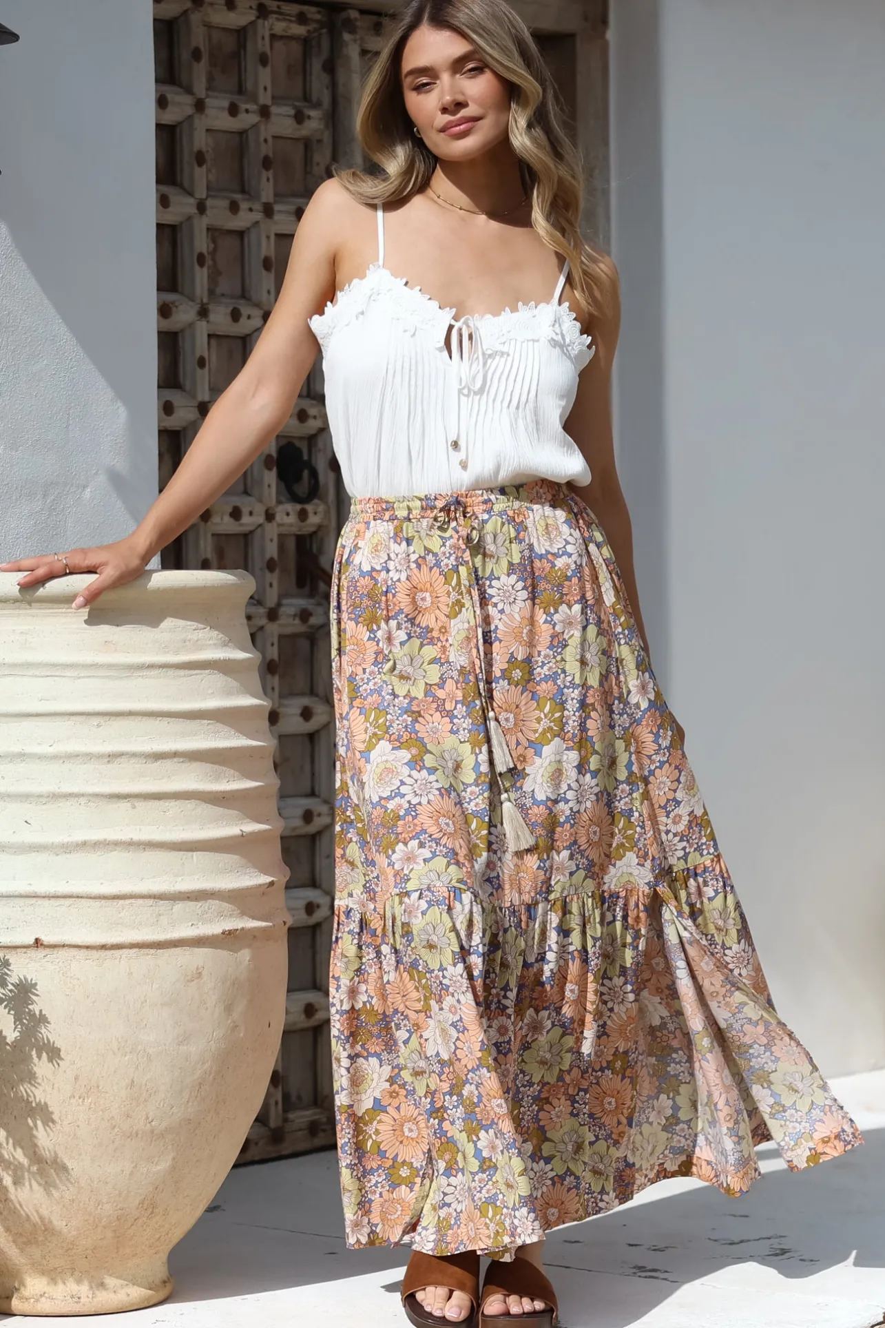 Zia Maxi Skirt - High Waisted Skirt with Tassel Waist Tie and Front Splits in Avianna Print>Salty Crush Discount