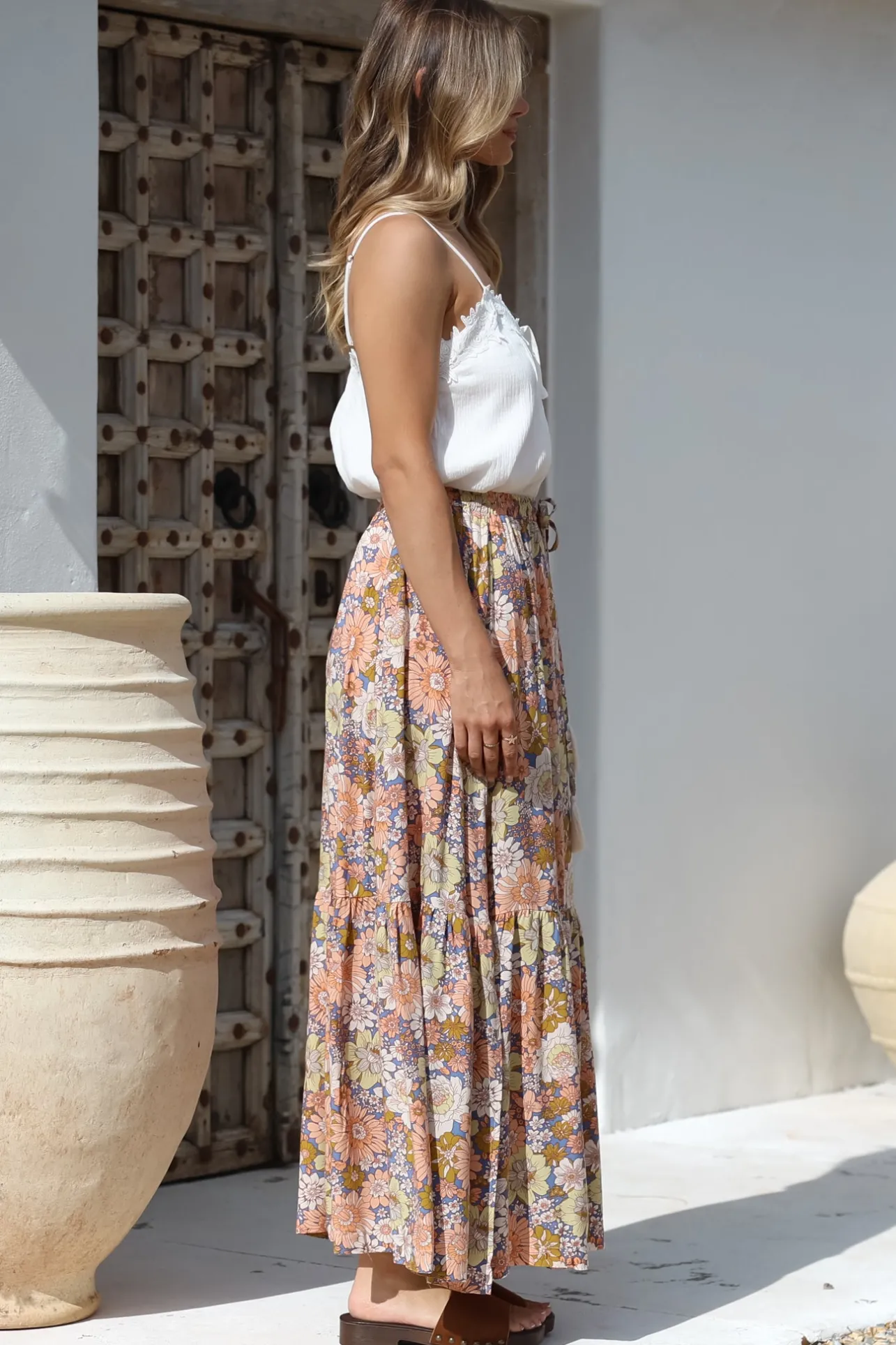 Zia Maxi Skirt - High Waisted Skirt with Tassel Waist Tie and Front Splits in Avianna Print>Salty Crush Discount