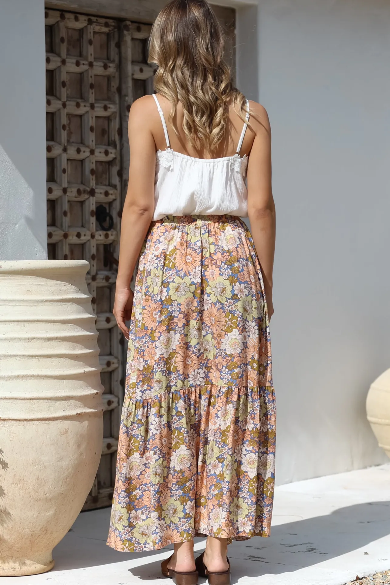 Zia Maxi Skirt - High Waisted Skirt with Tassel Waist Tie and Front Splits in Avianna Print>Salty Crush Discount