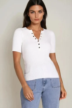 Zian Knit Top - Gold Button Neckline Ribbed Knit Top in White><noscript><img width=
