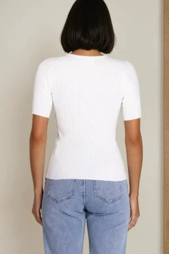 Zian Knit Top - Gold Button Neckline Ribbed Knit Top in White><noscript><img width=