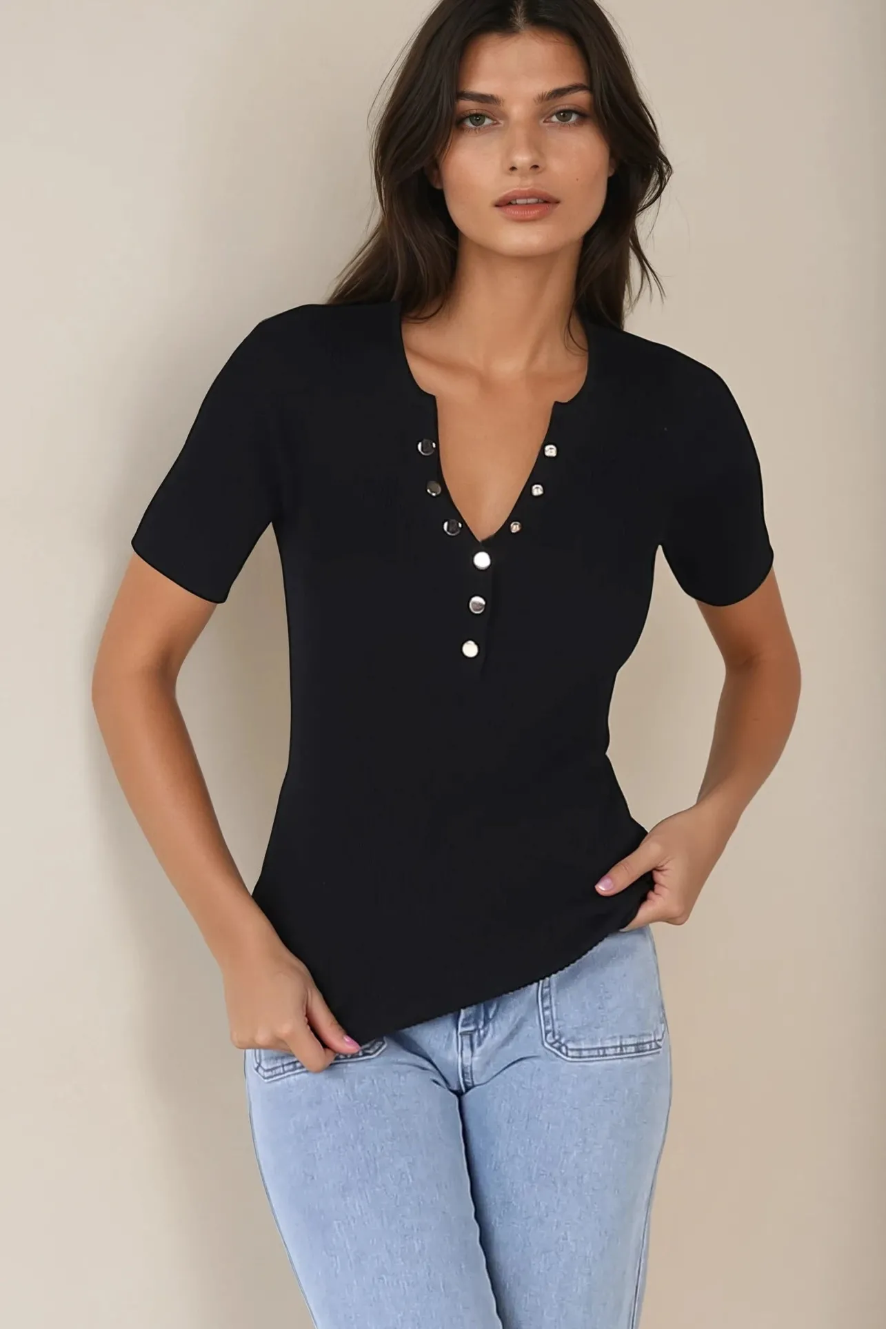 Zian Knit Top - Gold Button Neckline Ribbed Knit Top in Black>Salty Crush Outlet