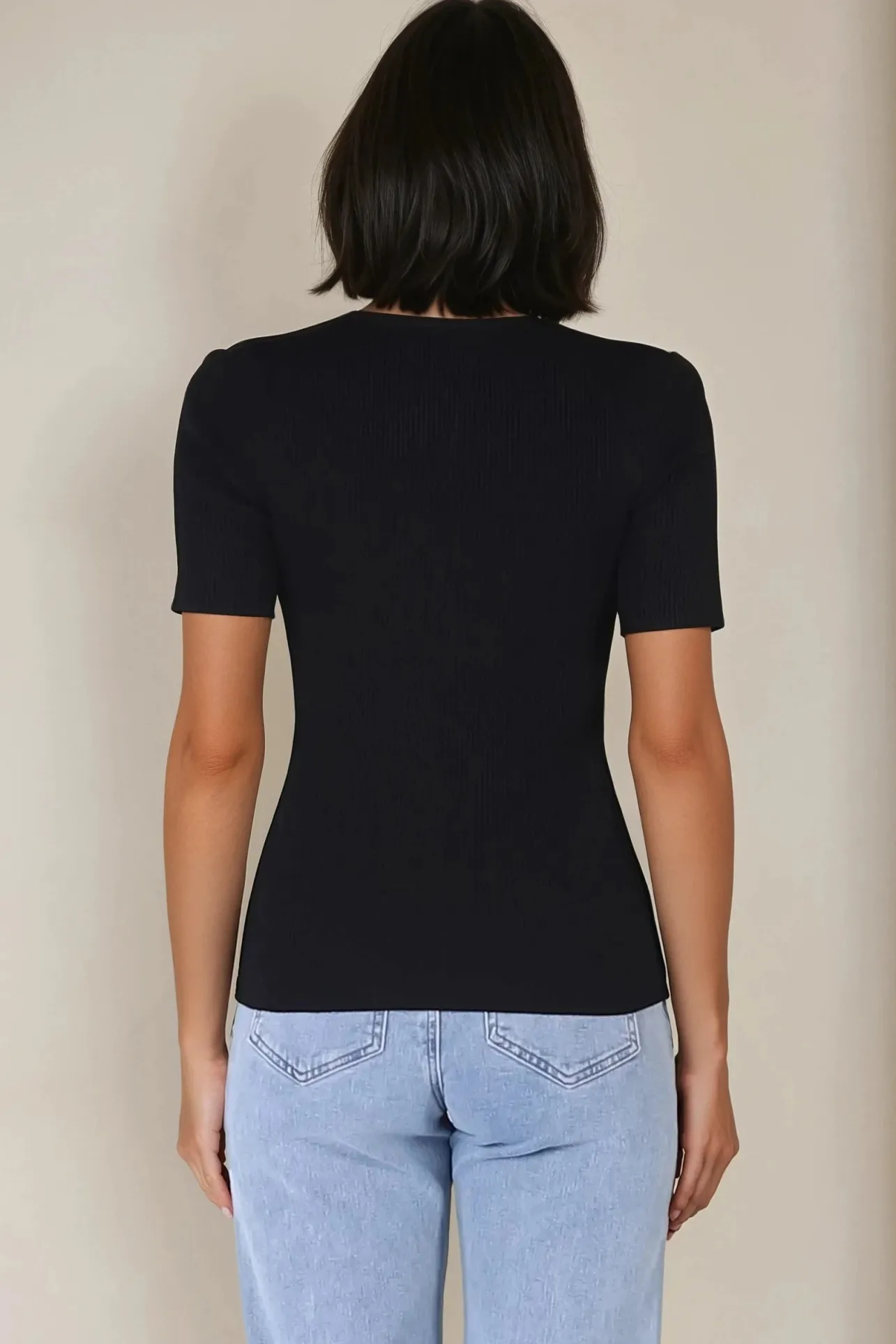 Zian Knit Top - Gold Button Neckline Ribbed Knit Top in Black>Salty Crush Outlet