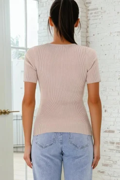 Zian Knit Top - Gold Button Neckline Ribbed Knit Top in Beige><noscript><img width=