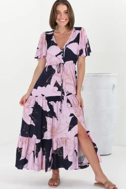 Ziggy Maxi Dress - Cap Sleeve Tiered Dress with Pull Tie Waist in Jaffa Print>Salty Crush Hot