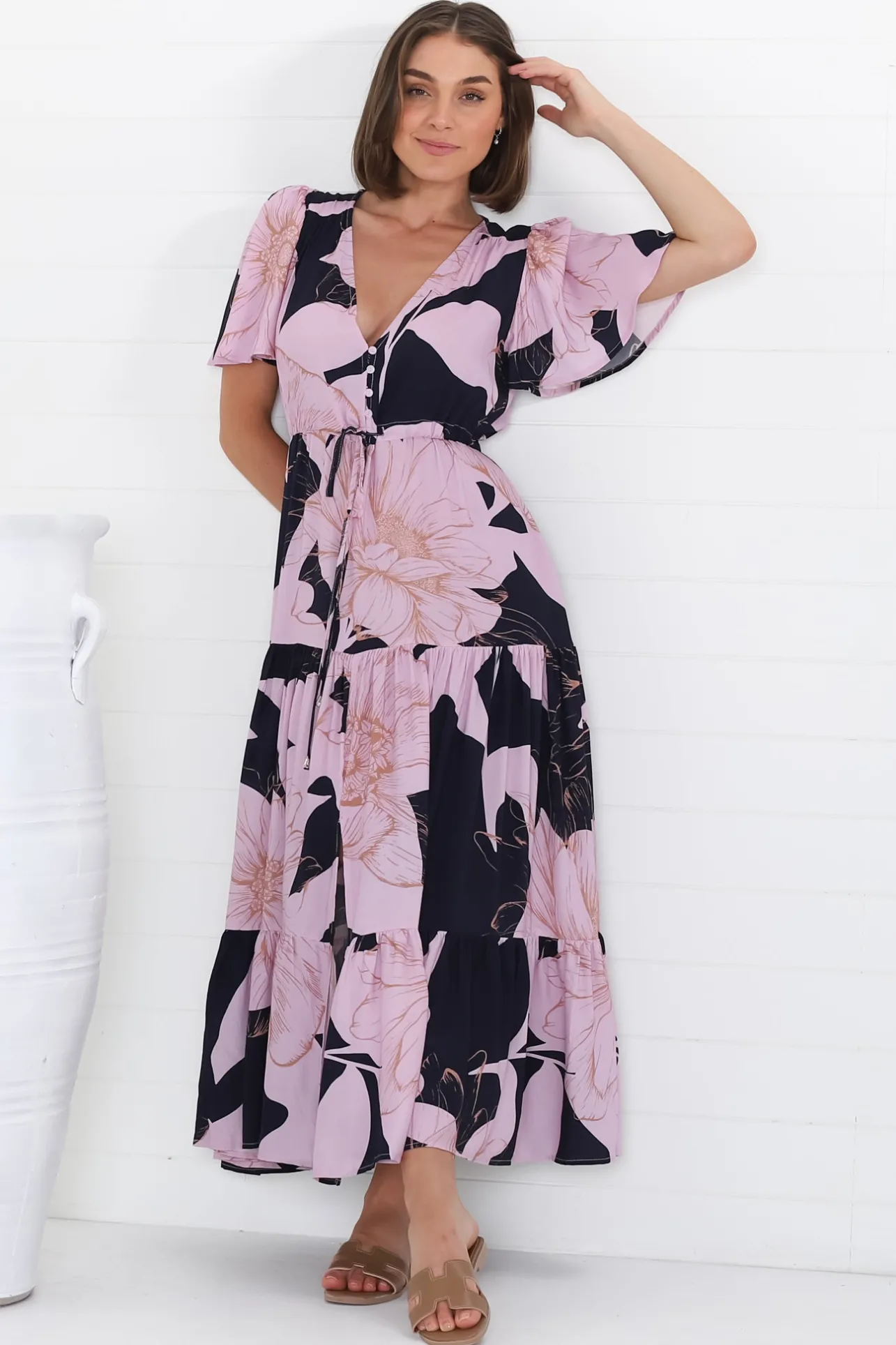 Ziggy Maxi Dress - Cap Sleeve Tiered Dress with Pull Tie Waist in Jaffa Print>Salty Crush Hot