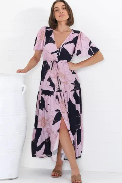 Ziggy Maxi Dress - Cap Sleeve Tiered Dress with Pull Tie Waist in Jaffa Print><noscript><img width=