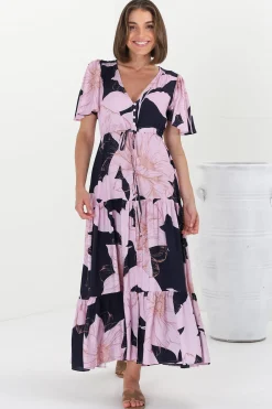Ziggy Maxi Dress - Cap Sleeve Tiered Dress with Pull Tie Waist in Jaffa Print><noscript><img width=