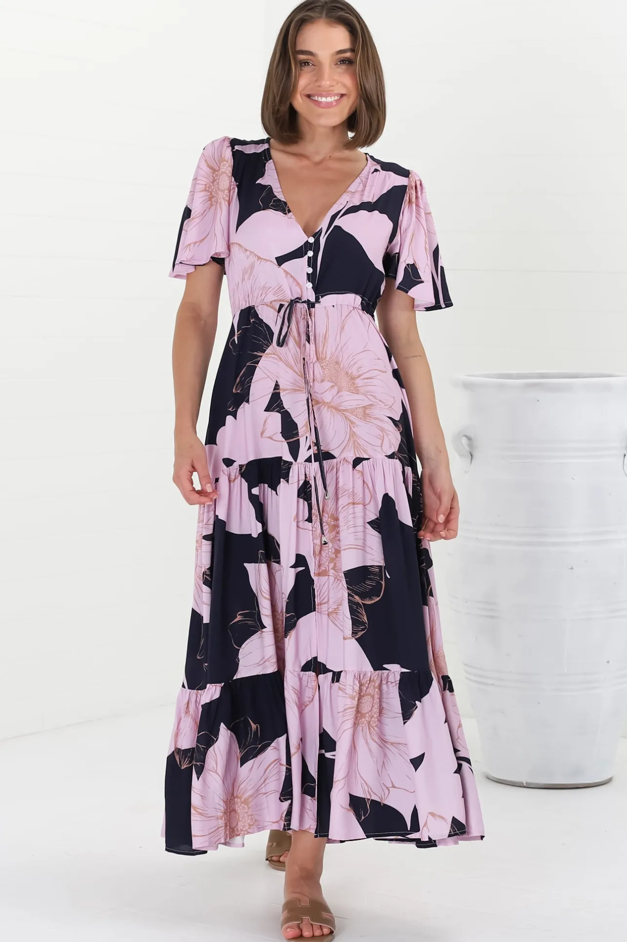 Ziggy Maxi Dress - Cap Sleeve Tiered Dress with Pull Tie Waist in Jaffa Print>Salty Crush Hot