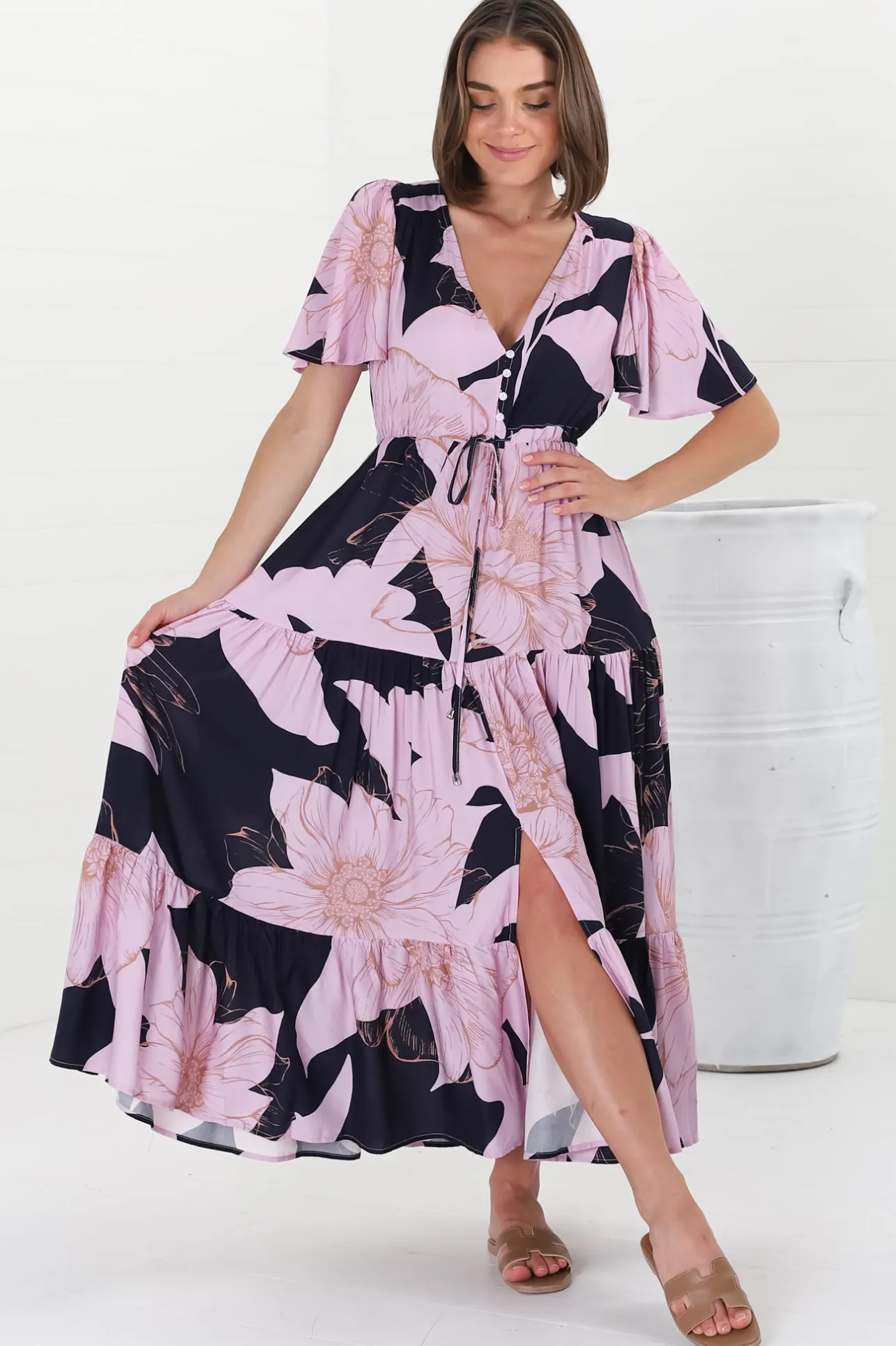 Ziggy Maxi Dress - Cap Sleeve Tiered Dress with Pull Tie Waist in Jaffa Print>Salty Crush Hot