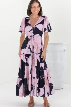 Ziggy Maxi Dress - Cap Sleeve Tiered Dress with Pull Tie Waist in Jaffa Print><noscript><img width=