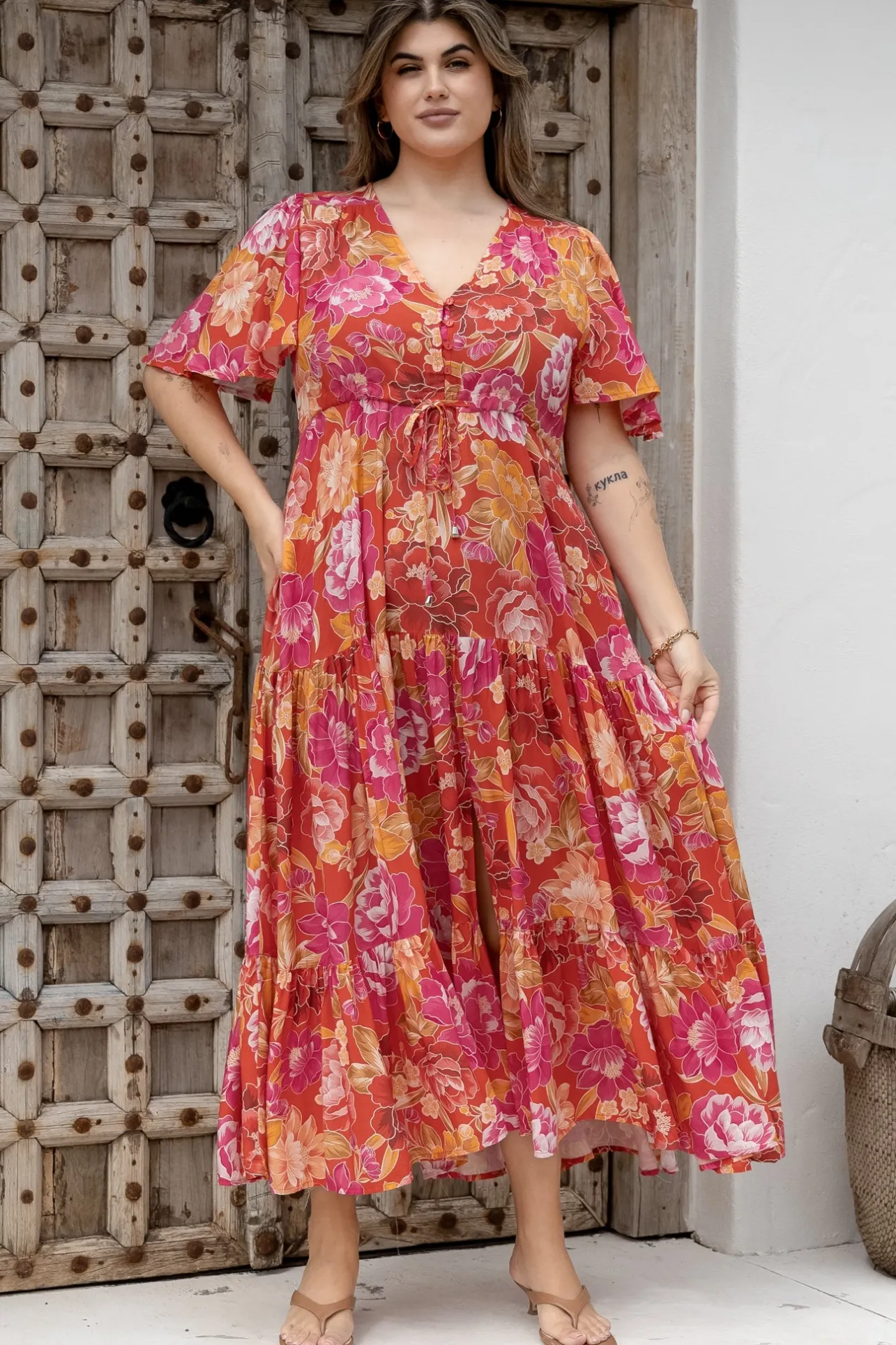 Ziggy Maxi Dress - Cap Sleeve Tiered Dress with Pull Tie Waist in Mirella Print>Salty Crush New