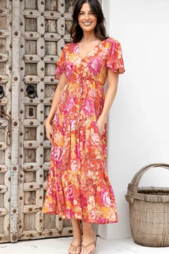 Ziggy Maxi Dress - Cap Sleeve Tiered Dress with Pull Tie Waist in Mirella Print><noscript><img width=