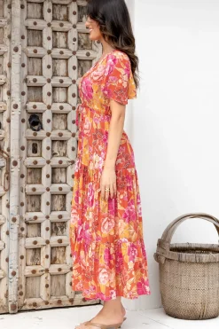 Ziggy Maxi Dress - Cap Sleeve Tiered Dress with Pull Tie Waist in Mirella Print><noscript><img width=