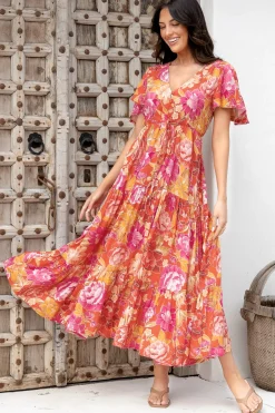 Ziggy Maxi Dress - Cap Sleeve Tiered Dress with Pull Tie Waist in Mirella Print><noscript><img width=