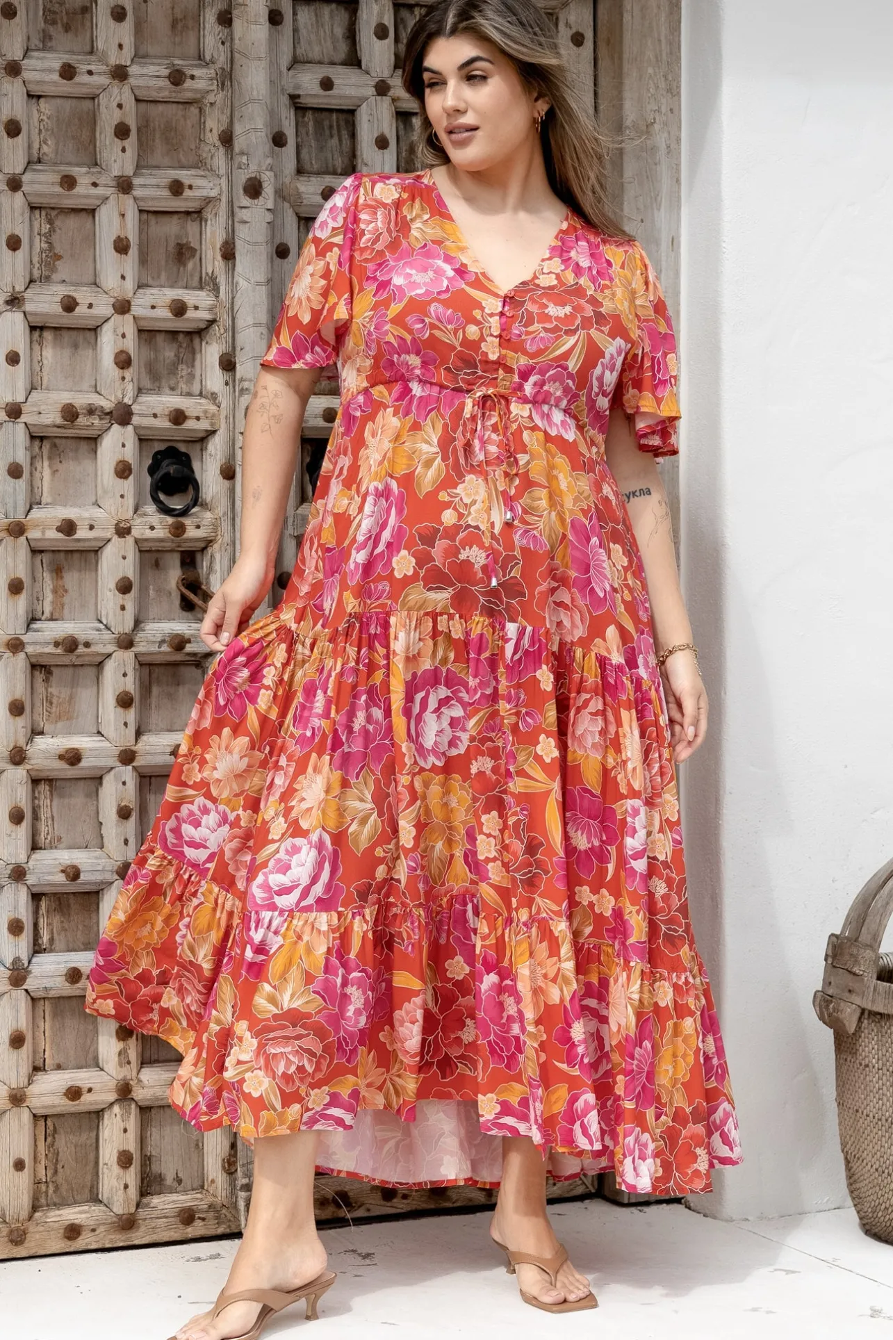 Ziggy Maxi Dress - Cap Sleeve Tiered Dress with Pull Tie Waist in Mirella Print>Salty Crush New