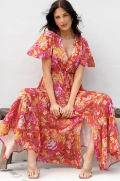 Ziggy Maxi Dress - Cap Sleeve Tiered Dress with Pull Tie Waist in Mirella Print><noscript><img width=