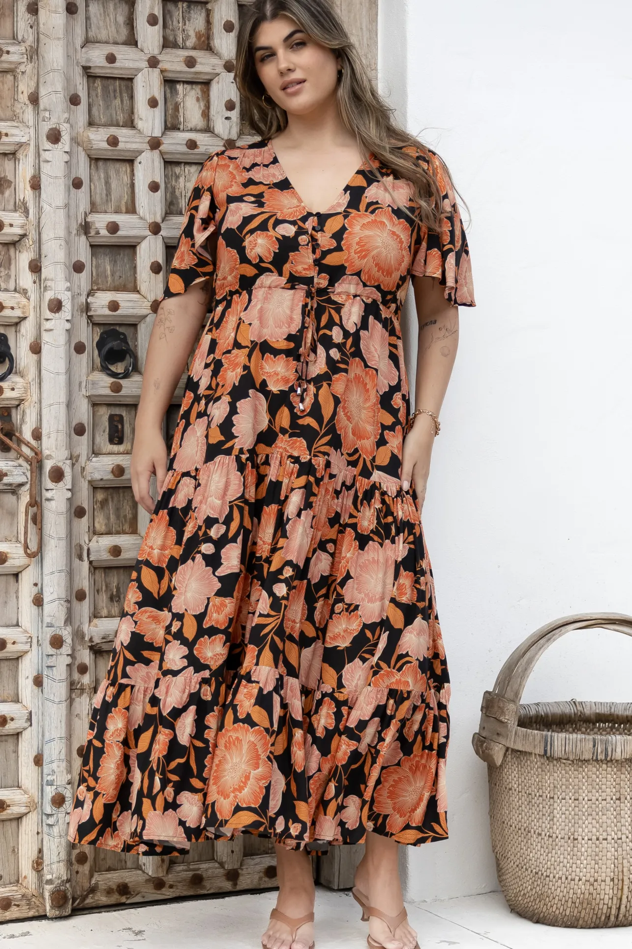 Ziggy Maxi Dress - Cap Sleeve Tiered Dress with Pull Tie Waist in Yasmin Print Black>Salty Crush Best