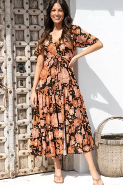 Ziggy Maxi Dress - Cap Sleeve Tiered Dress with Pull Tie Waist in Yasmin Print Black>Salty Crush Best