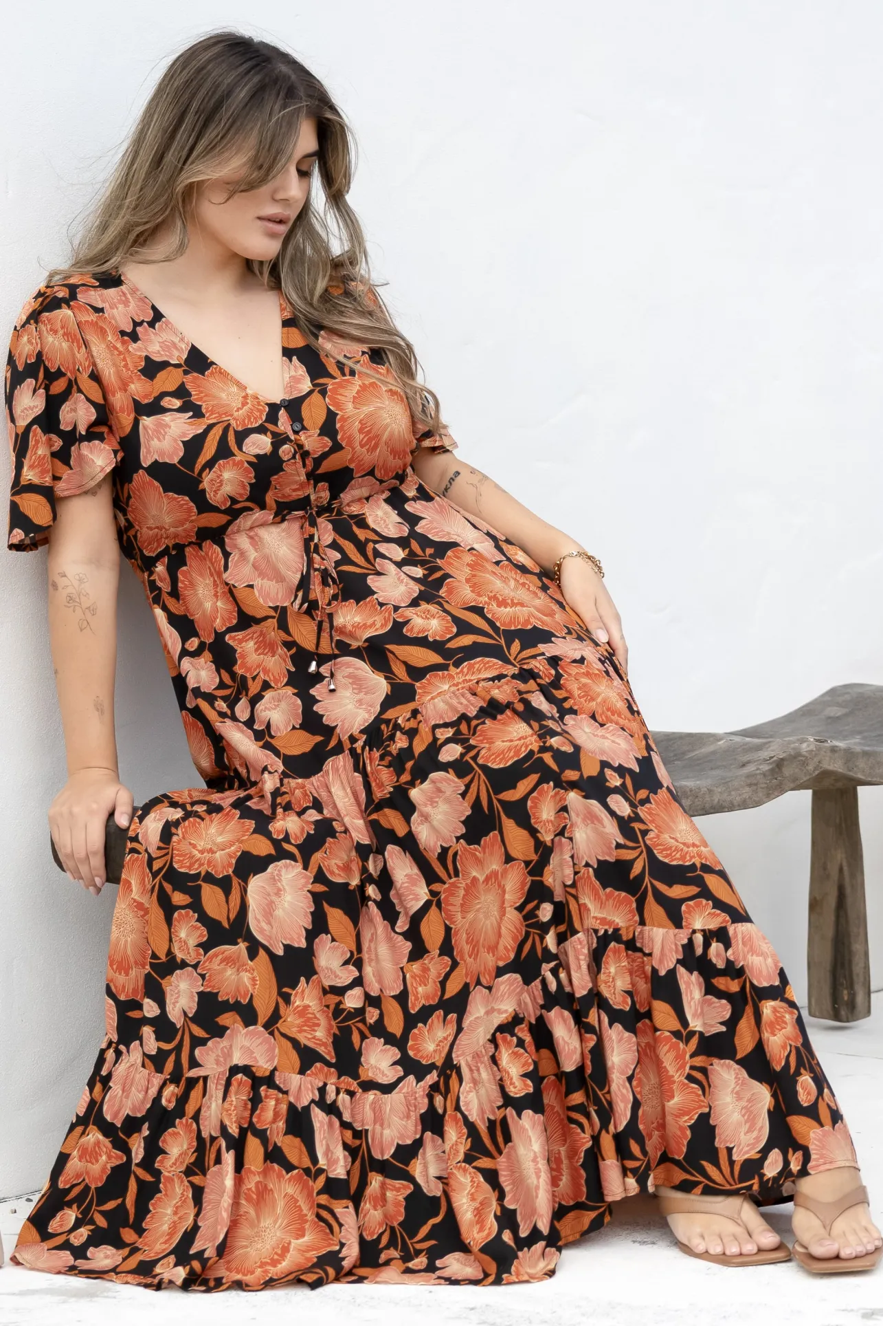 Ziggy Maxi Dress - Cap Sleeve Tiered Dress with Pull Tie Waist in Yasmin Print Black>Salty Crush Best