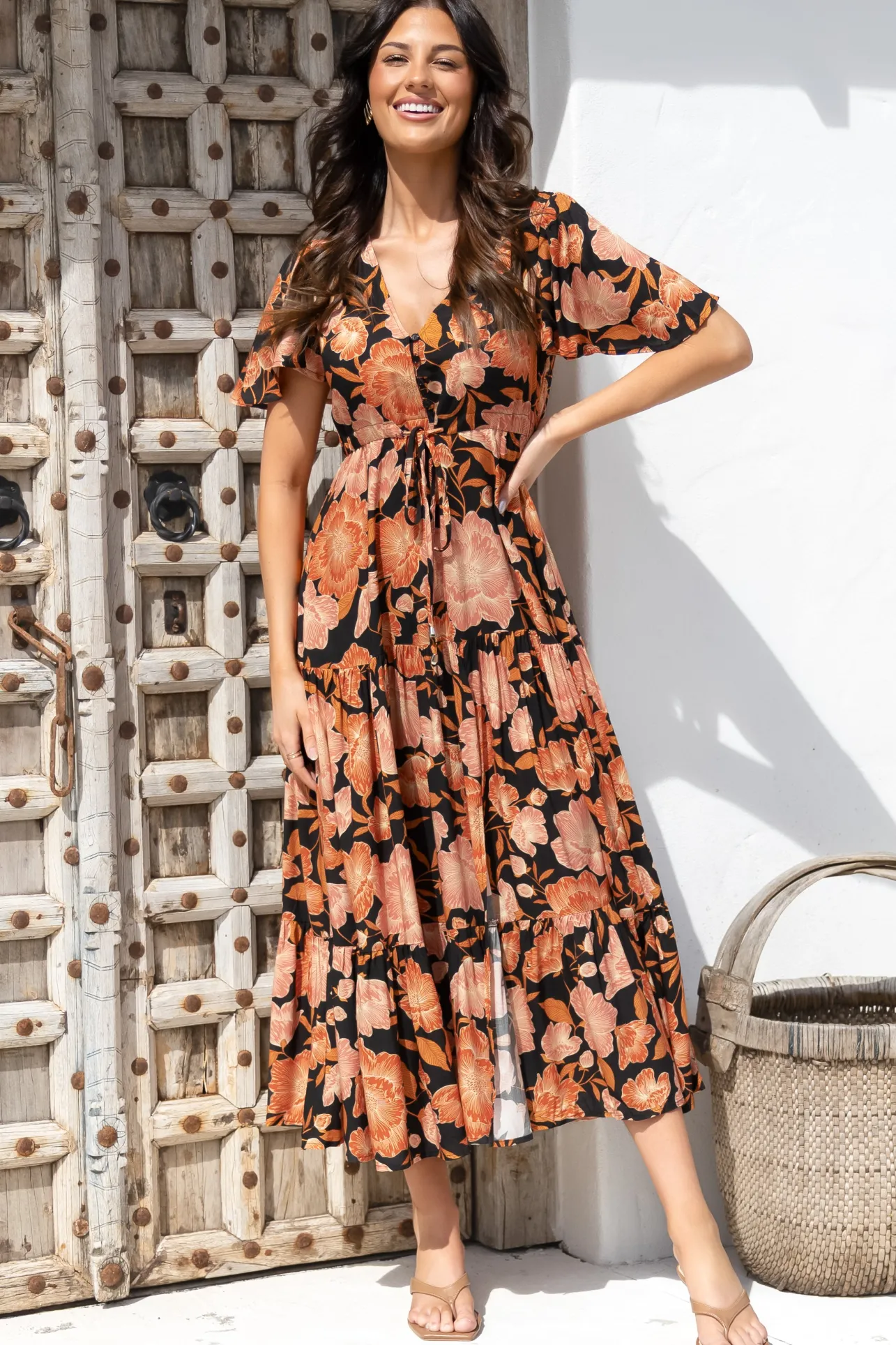 Ziggy Maxi Dress - Cap Sleeve Tiered Dress with Pull Tie Waist in Yasmin Print Black>Salty Crush Best