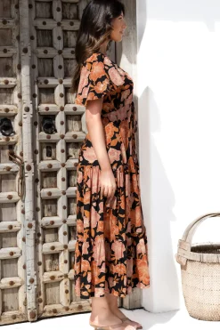 Ziggy Maxi Dress - Cap Sleeve Tiered Dress with Pull Tie Waist in Yasmin Print Black><noscript><img width=