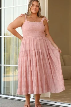 Zoella Midi Dress - Tie Strap Textured Tiered Dress in Blush>Salty Crush Sale
