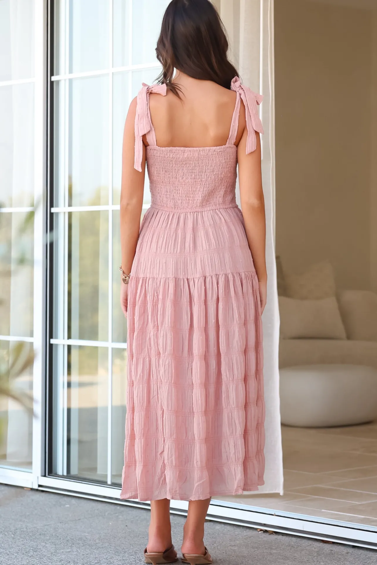 Zoella Midi Dress - Tie Strap Textured Tiered Dress in Blush>Salty Crush Sale