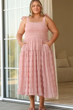 Zoella Midi Dress - Tie Strap Textured Tiered Dress in Blush><noscript><img width=